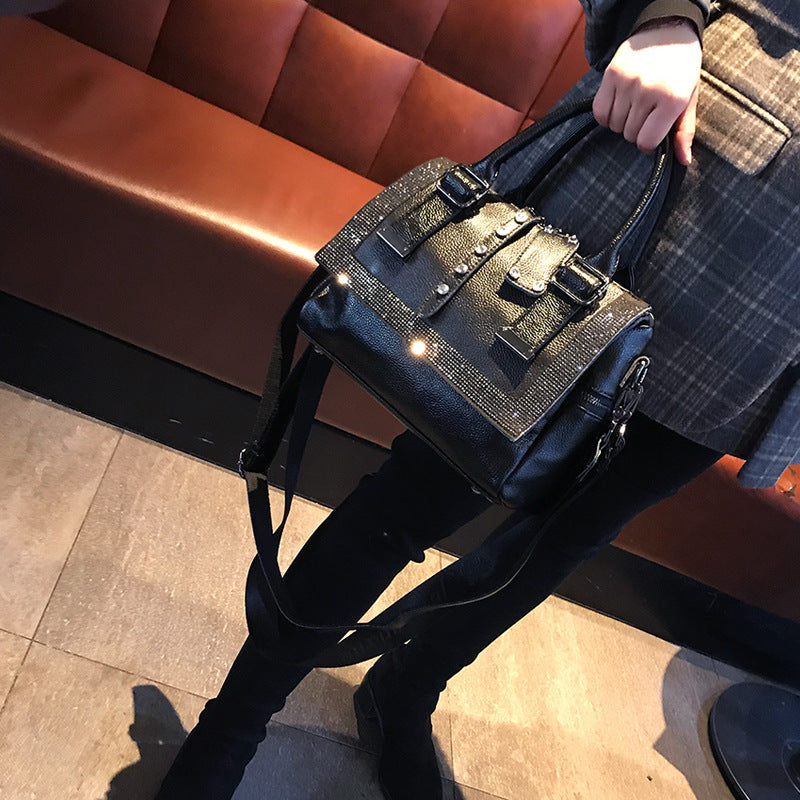 Model posing the Large Capacity Leather Rhinestone Handbag