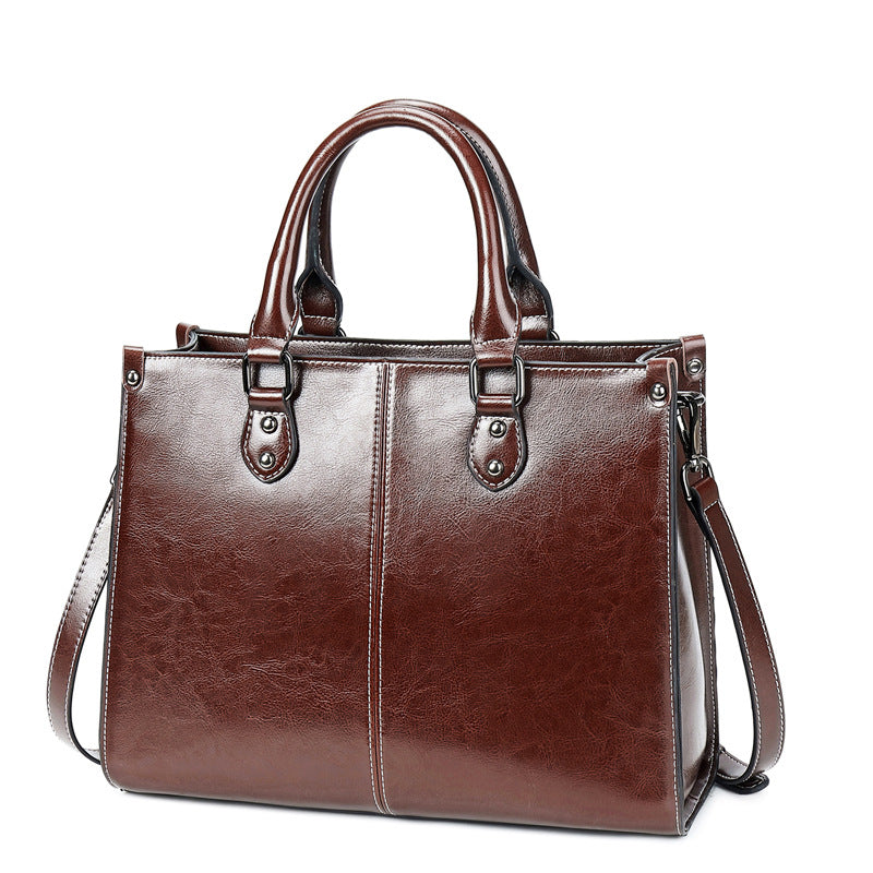 Front view of the Oil Wax Stitch Leather Handbag in brown.