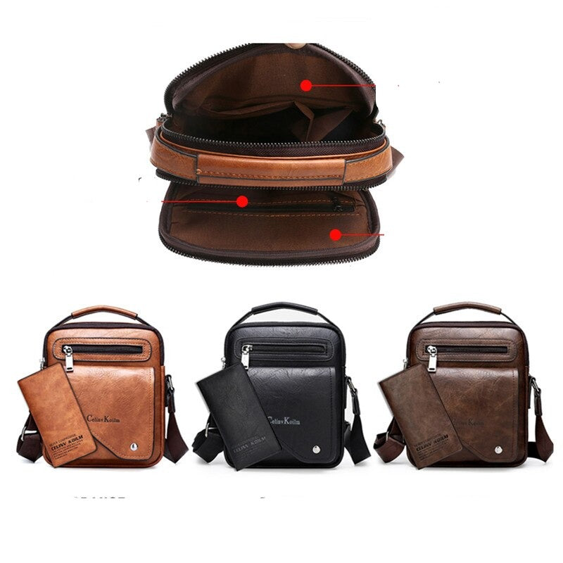 High Quality Men Leather Messenger Bag sets in khaki, black, and brown. Top image shows the inside view of the bag.