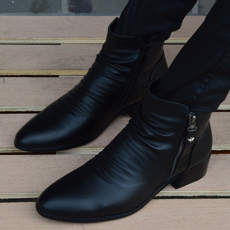 Top view of the Men Leather High Top Ankle Boots worn by model.