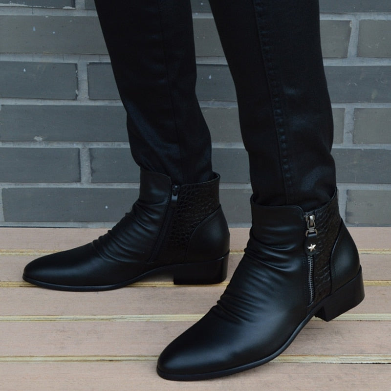 Model posing the side view of the Men Leather High Top Ankle Boots.