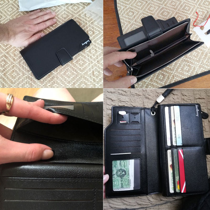 Luxury Brand Men Leather Wallet displaying the features in four different images.