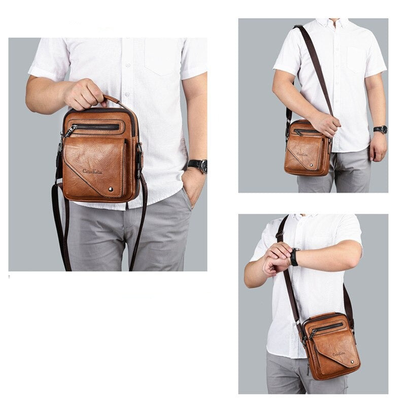High Quality Men Leather Messenger Bag worn by a model in three different ways.