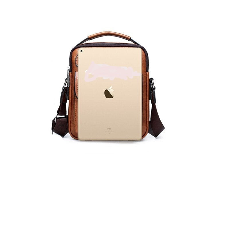 High Quality Men Leather Messenger Bag posioned behind an iPad.