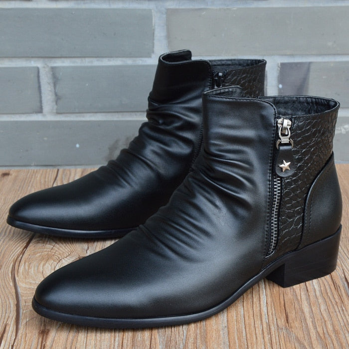Up close view of the Men Leather High Top Ankle Boots 