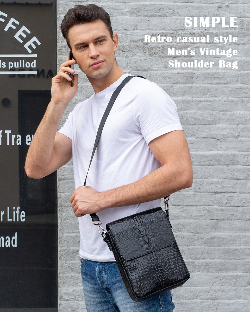 Model on cellphone sporting the Vintage Genuine Leather Messenger Bag.