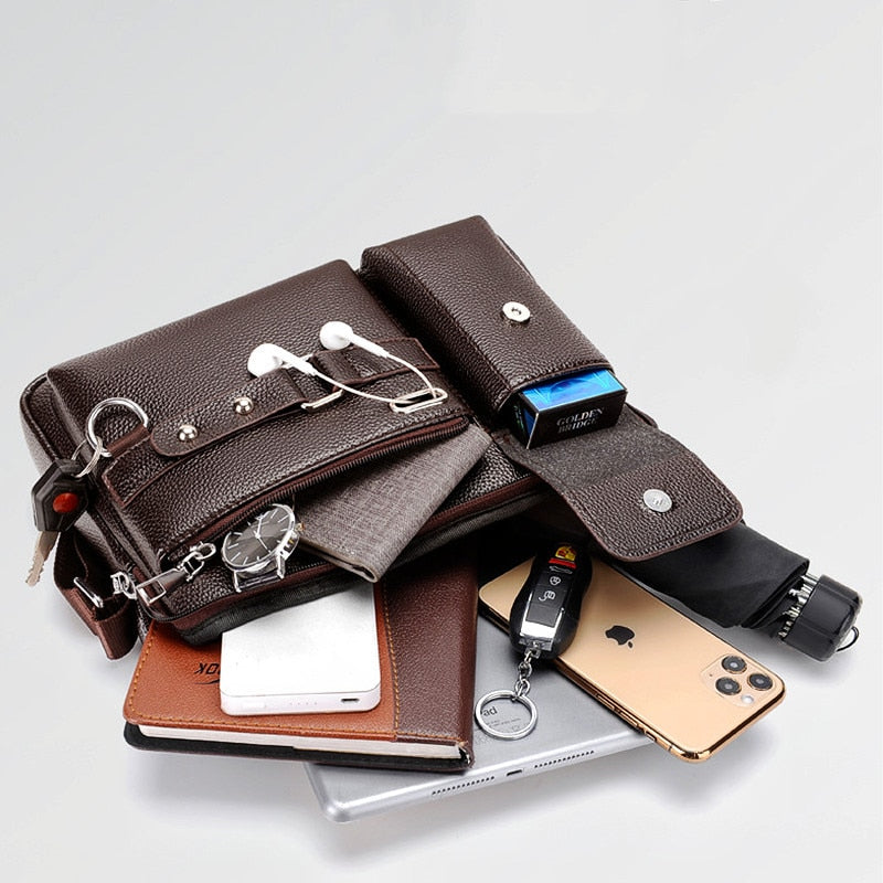 Image of the Leather Waterproof Messenger Bag displaying various of items in different compartments of the bag.