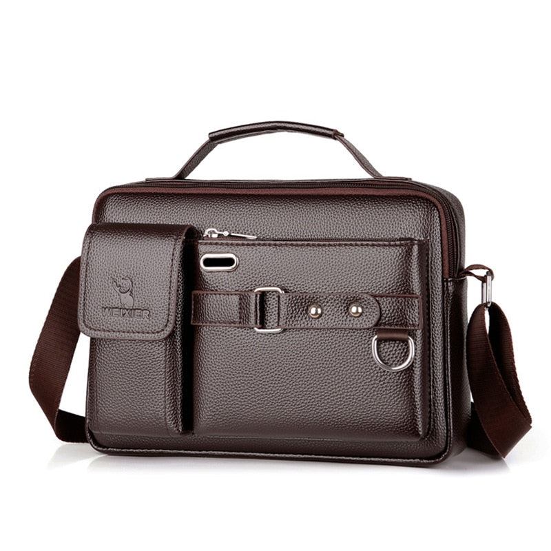 Front image of the Leather Waterproof Messenger Bag displaying its straps and buckle features.