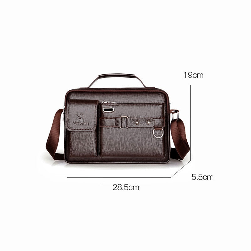 Front image of the Leather Waterproof Messenger Bag displaying its straps, buckle features, and measurements.