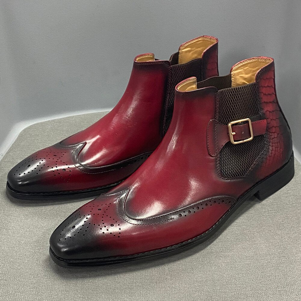 Men's Genuine Leather Causal Ankle Boots in red with a side buckle.