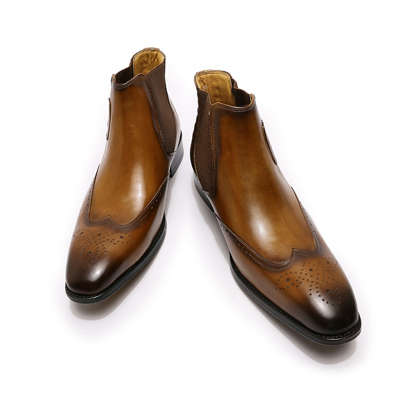 Birds eye view of the Men's Genuine Leather Causal Ankle Boots in brown.