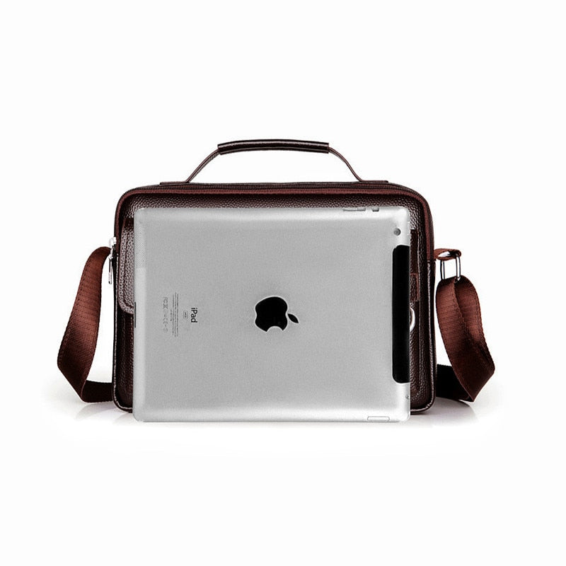 Image of the Leather Waterproof Messenger Bag displaying an Apple Ipad against it in comparison.