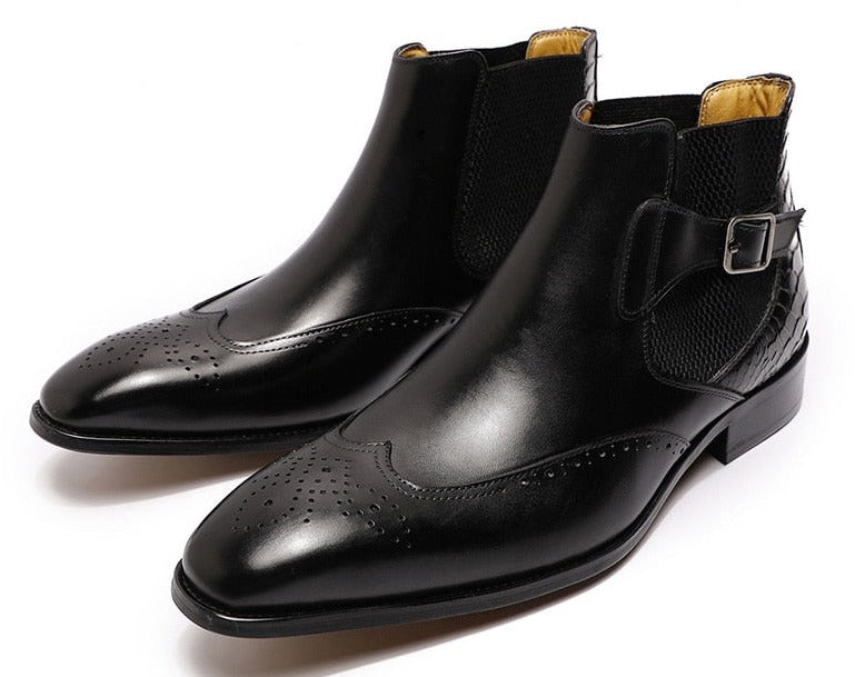 Men's Genuine Leather Causal Ankle Boots in black with a side buckle.