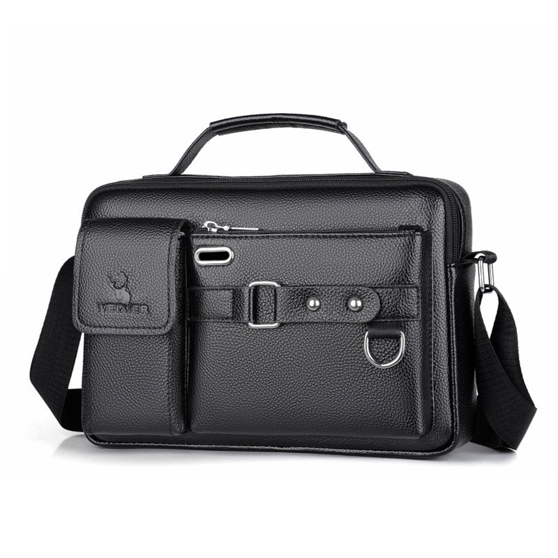 Front image of the Leather Waterproof Messenger Bag displaying its straps and buckle features.