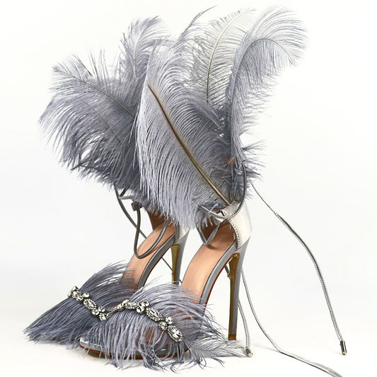 Grey Glamourous Goddess Sultry Rhinestone Feather Stilettos