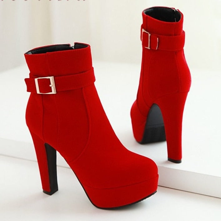 Platform Buckled Ankle Boots in red.