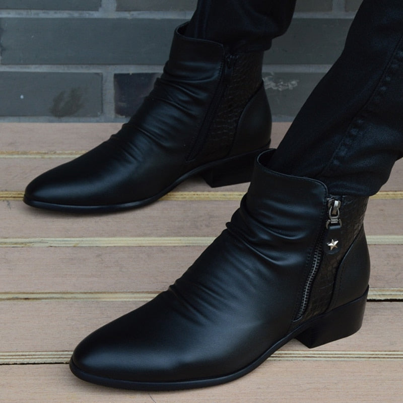 Men Leather High Top Ankle Boots pictured, worn by model.