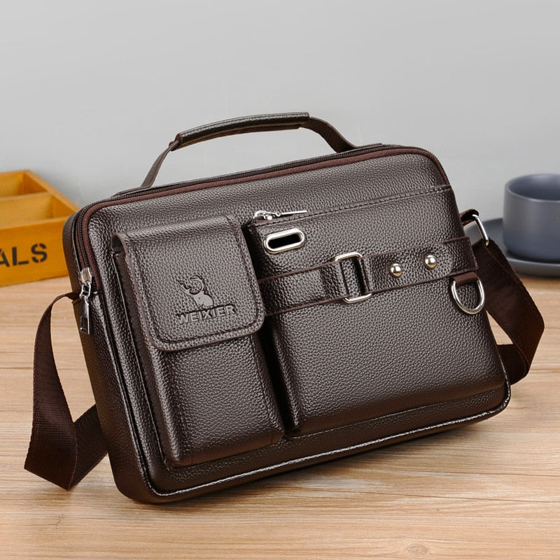 Front image of the Leather Waterproof Messenger Bag in brown.